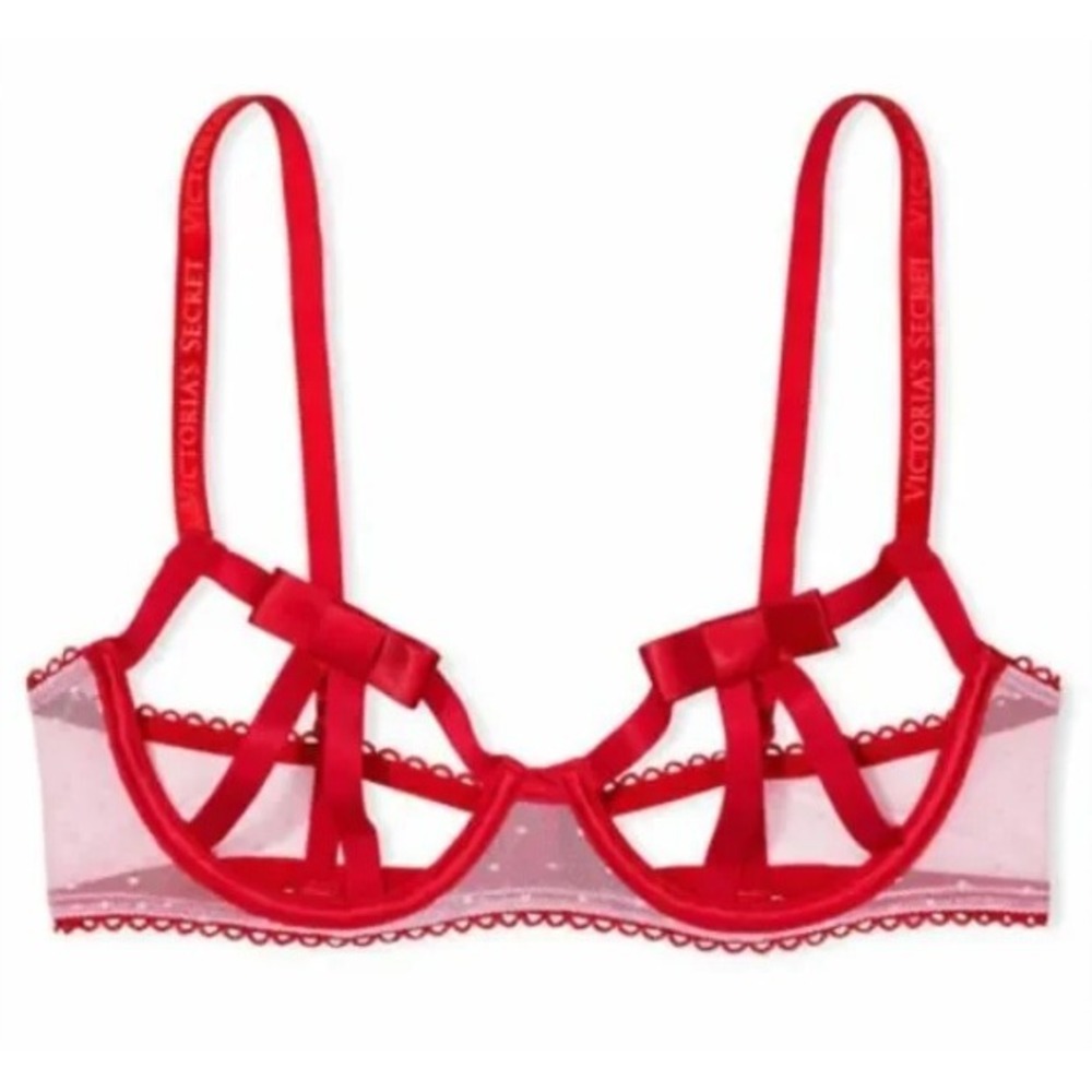 Victoria's Secret Women's XS Red Luxe Very Sexy Sheer Balconette Bra Flirty Cute